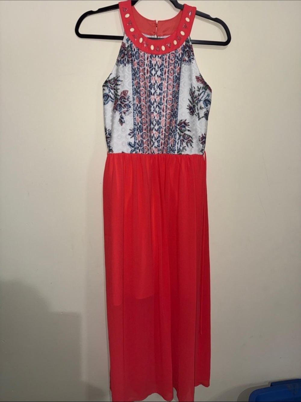 Iz Byer girl Coral Halter Maxi Dress with Printed Bodice